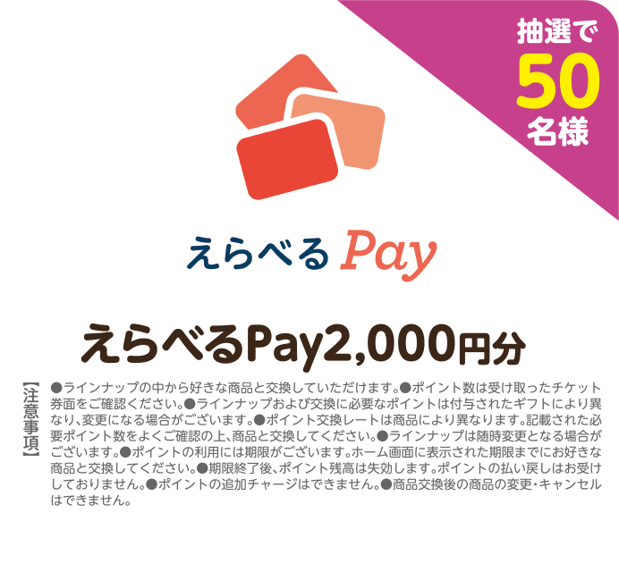 抽選で50名様 えらべるPay 2,000円分