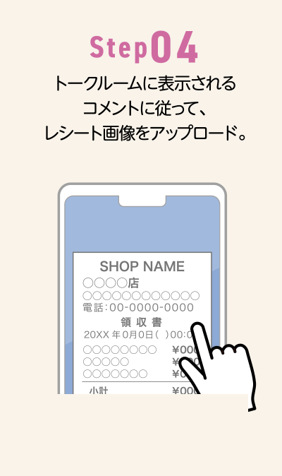 Step04 トークルームに表示されるコメントに従って、レシート画像をアップロード。