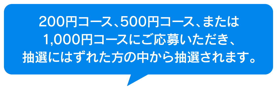 200円コース、500円コース、または1,000円コースにご応募いただき、抽選にはずれた方の中から抽選されます。