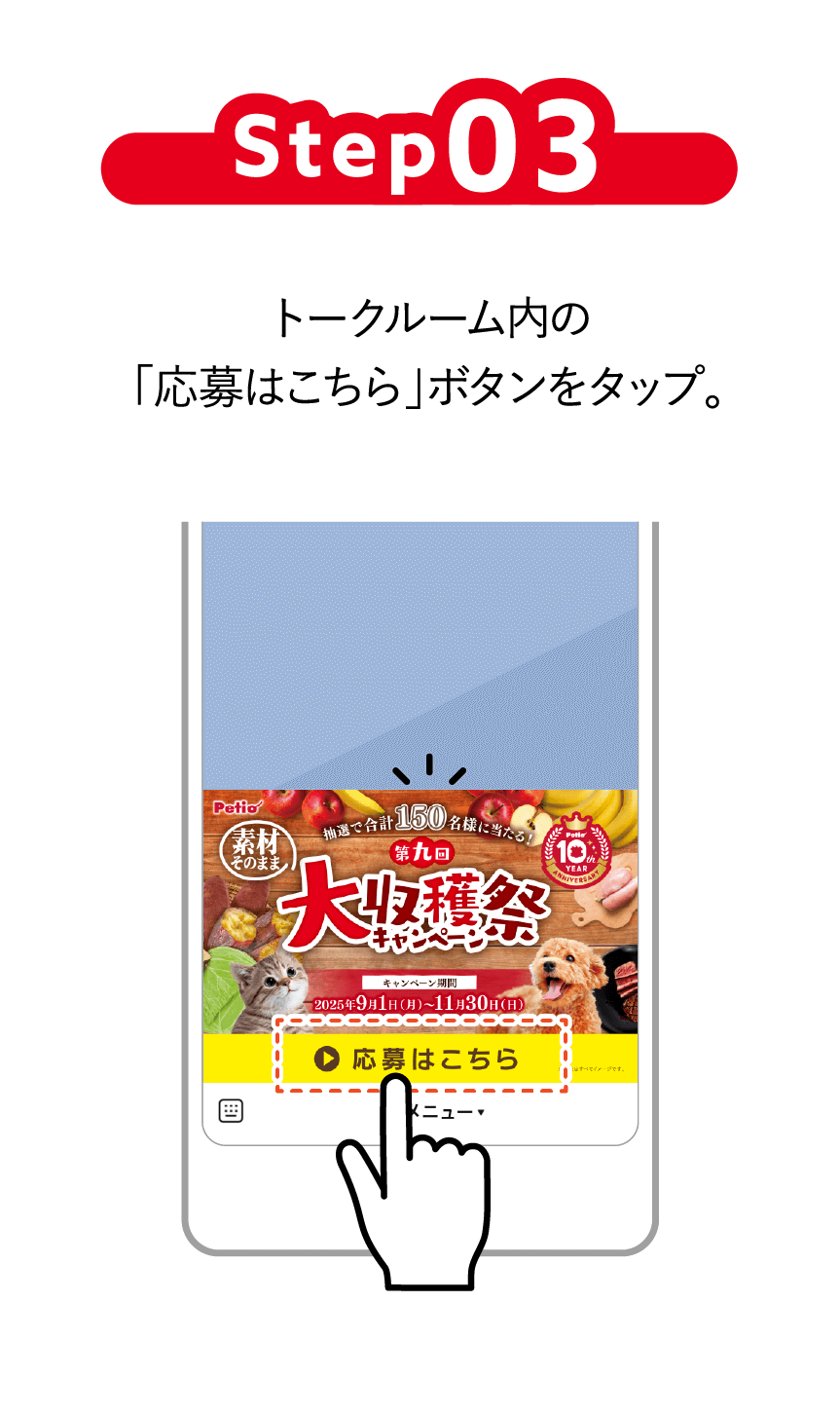 Step03 トークルーム内の「応募はこちら」ボタンをタップ。
