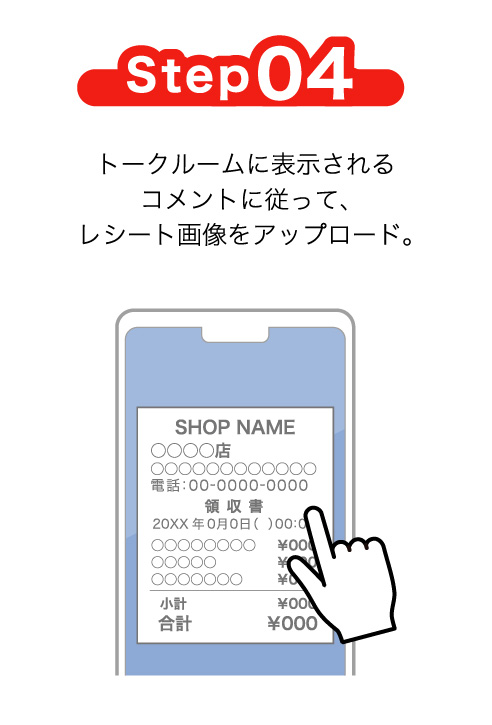 Step04 トークルームに表示されるコメントに従って、レシート画像をアップロード。