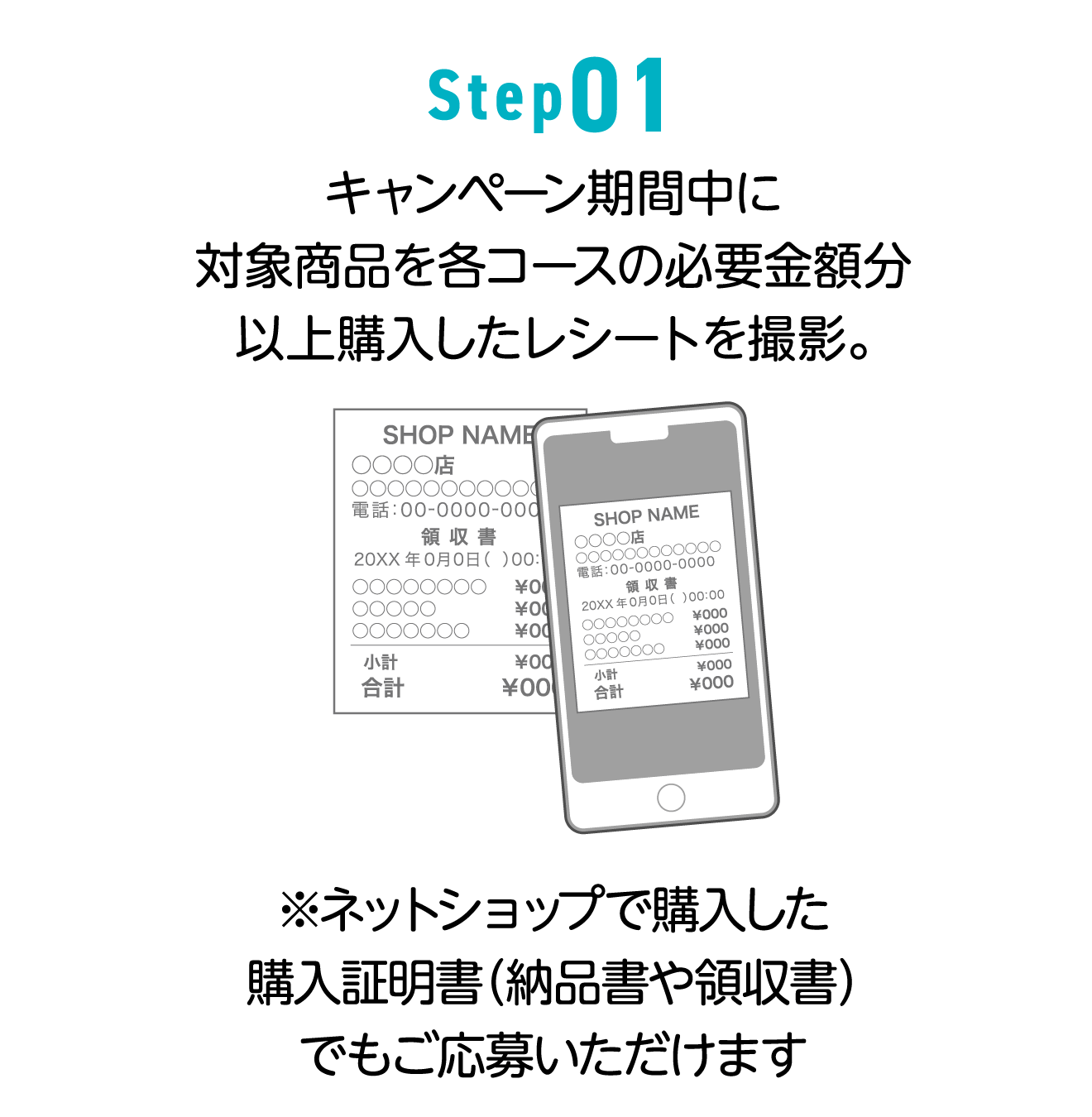 Step01 キャンペーン期間中に対象商品を各コースの必要金額分以上購入したレシートを撮影。※ネットショップで購入した購入証明書（納品書や領収書）でもご応募いただけます。