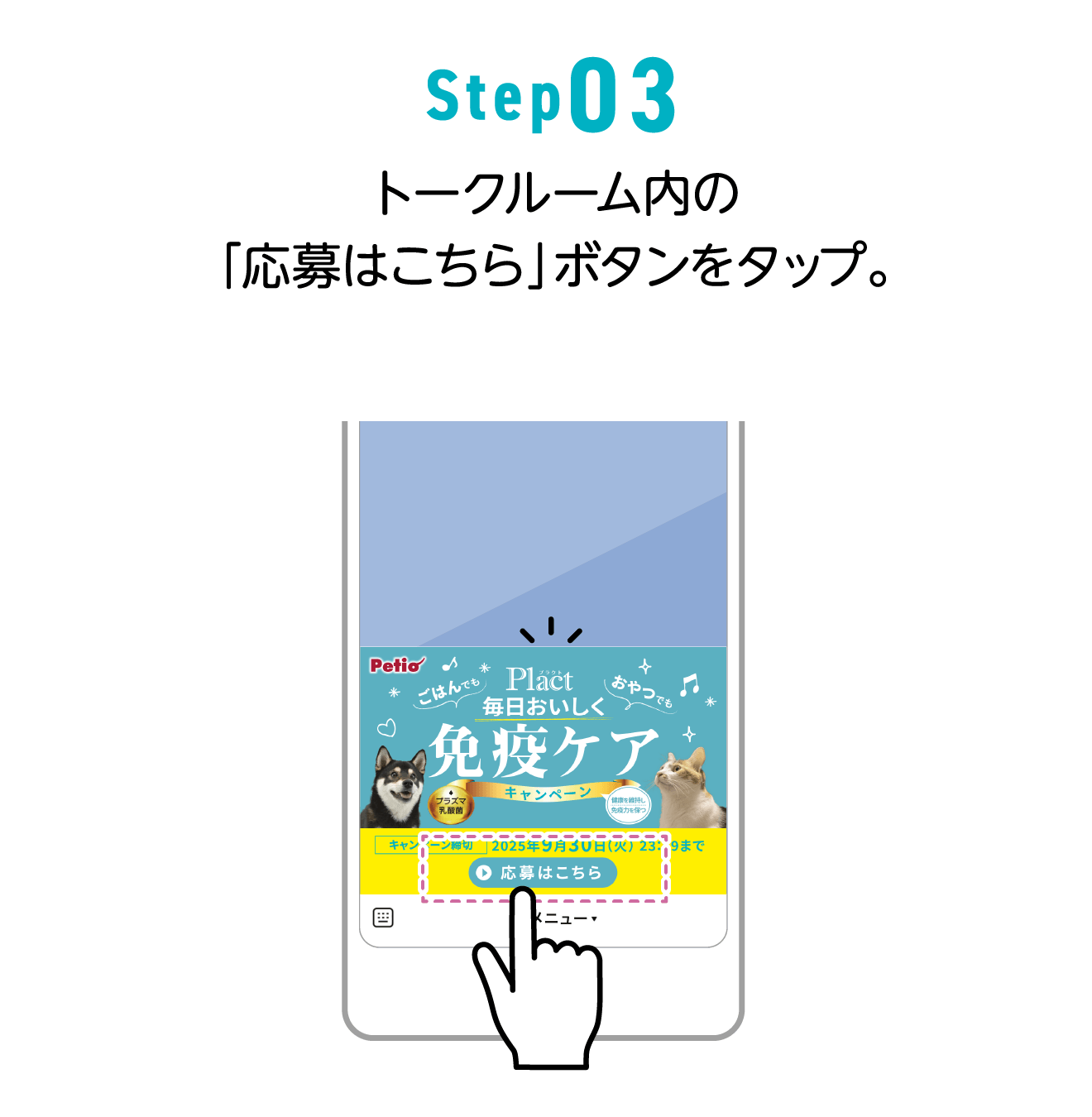 Step03 トークルーム内の「応募はこちら」ボタンをタップ。