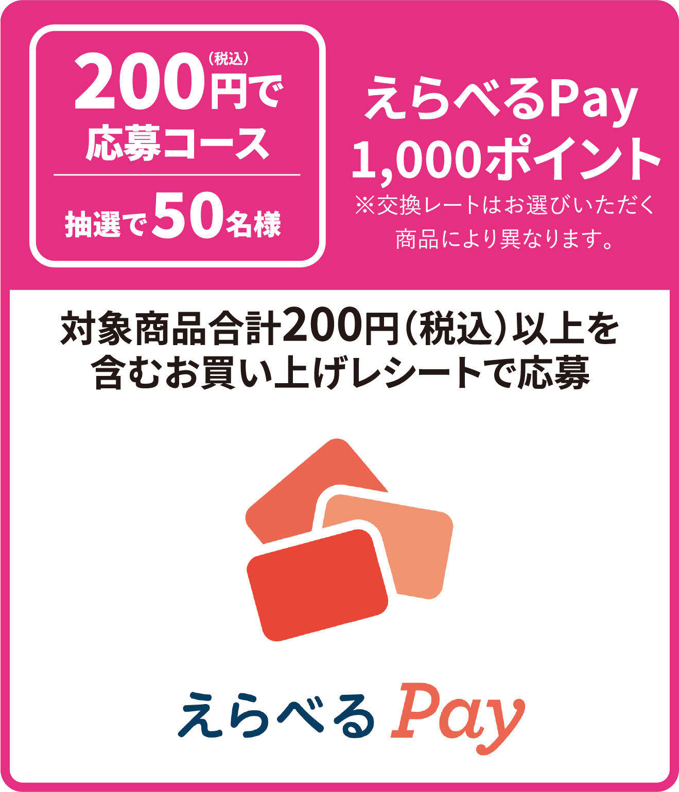 対象商品合計200円(税込)以上を含むお買い上げレシートで応募 抽選で50名様 えらべるPay1,000ポイント ※交換レートはお選びいただく商品により異なります。