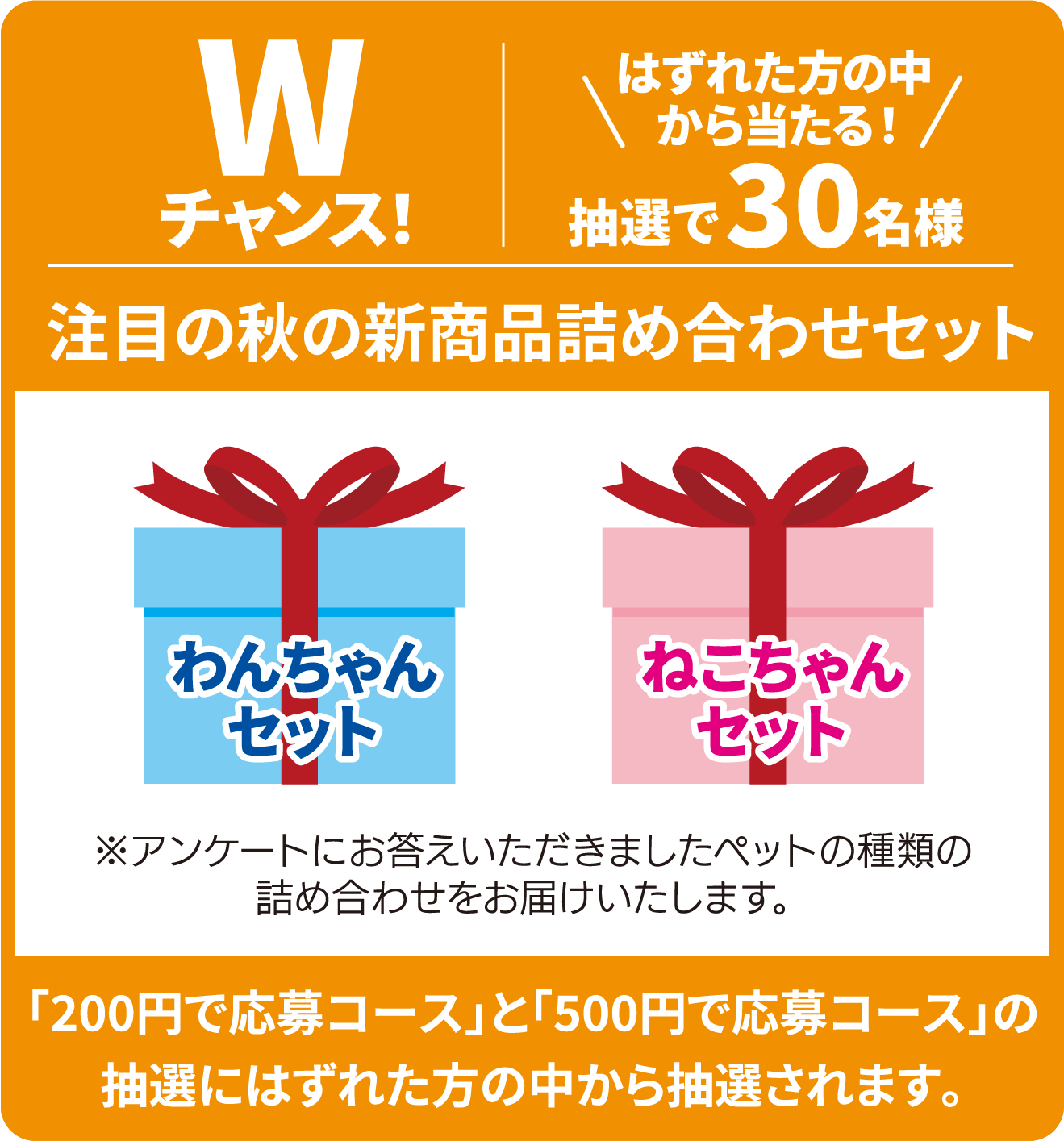 Wチャンス はずれた方の中から当たる! 抽選で30名様 注目の秋の新商品詰め合わせセット わんちゃんセット ねこちゃんセット ※アンケートにお答えいただきましたペットの種類の詰め合わせをお届けいたします。 「200円で応募コース」と「500円で応募コース」の抽選にはずれた方の中から抽選されます。