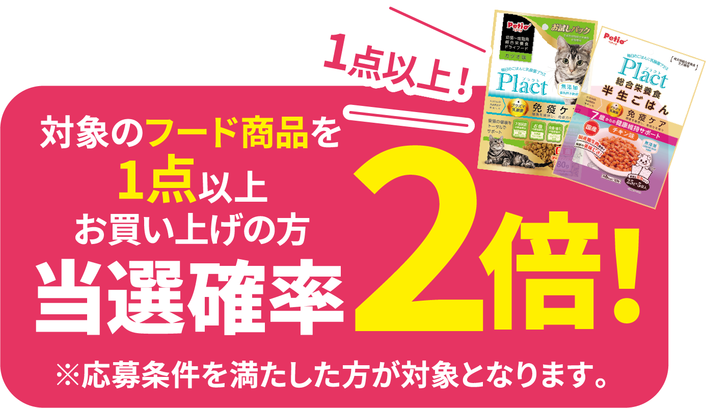 対象のフード商品を1点以上お買い上げの方 当選確率2倍 ※応募条件を満たした方が対象となります。