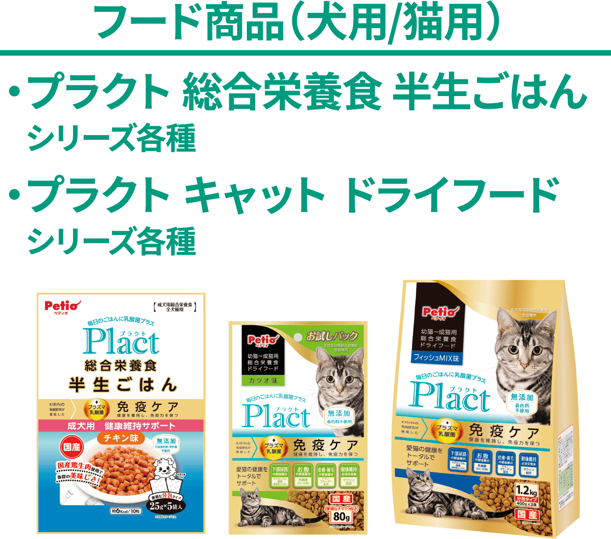フード商品(犬用/猫用) ・プラクト総合栄養食 半生ごはんシリーズ各種 ・プラクト キャット ドライフードシリーズ各種