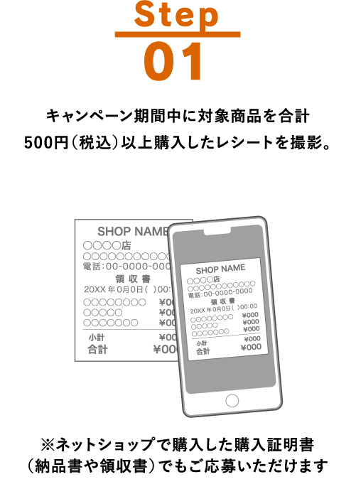 Step01 キャンペーン期間中に対象商品を合計500円（税込）以上購入したレシートを撮影。