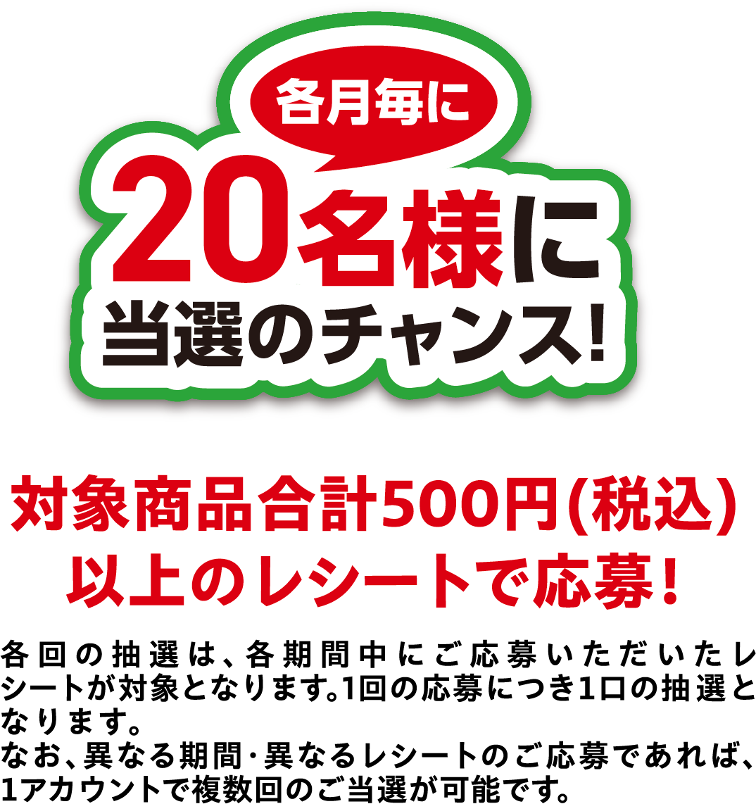 各月毎に20名様に当選のチャンス！ 対象商品合計500円(税込) 以上のレシートで応募！各回の抽選は、各期間中にご応募いただいたレシートが対象となります。1回の応募につき１口の抽選となります。なお、異なる期間・異なるレシートのご応募であれば、１アカウントで複数回のご当選が可能です。